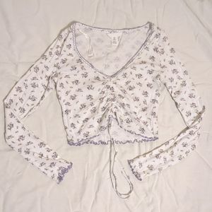 Floral Long Sleeve Ruched Top - White and Purple